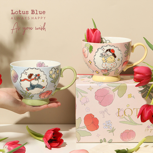 蓝莲花手绘釉下彩早餐对杯，礼盒套装情侣杯子，一对陶瓷马克杯伴手礼