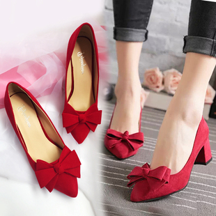 粗跟红色婚鞋蝴蝶结高跟鞋尖头，磨砂皮小皮鞋，5cm中跟低帮新娘单鞋
