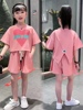 e120-170女童爱心印花短袖，t恤上衣短裤两件套装夏季休闲风