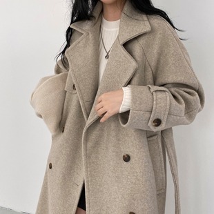 韩国chic秋冬复古气质双排扣翻领，系带收腰中长款毛呢外套呢子大衣