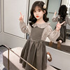 韩国女童装娃娃领格子背带，裙春秋季长袖套装，中大童连衣裙子两件套