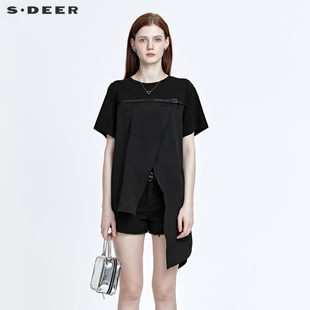 sdeer圣迪奥夏季女装小众设计上衣雪纺拼接黑色T恤女S20280152