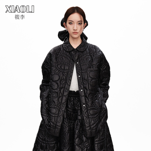 设计师品牌xiaoli筱李蕾丝图案压花，绗棉外套廓形黑色