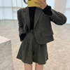 韩国chic秋季复古气质翻领长袖西装，外套+高腰，阔腿短裤毛呢套装女
