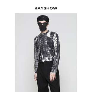 rayshow23自制迷幻摇滚圆领套头，打底衫未来感印花长袖t恤男女潮