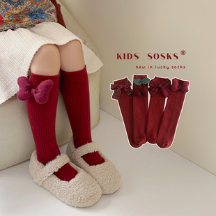 女童袜子秋冬季加厚羊绒，中筒袜儿童红色，新年袜韩版洋气宝宝长筒袜