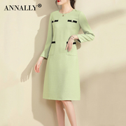 annally2024春季气质优雅小香风，修身a字中长款浅绿色连衣裙女