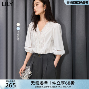 LILY2024夏女装法式重工花边V领全棉白色泡泡袖雪纺衫衬衫女