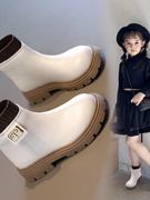 女童皮面加绒靴子2023冬季韩版软底二棉，马丁靴小女孩中筒棉靴