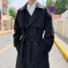 韩风chic黑色风衣外套，男秋季中长款翻领双排，扣英伦风时尚帅气大衣