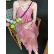 （吴大笑）自制波光粼粼金灿灿粉色吊带长裙女夏季海边度假连衣裙