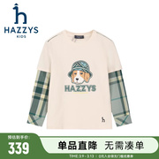 hazzys哈吉斯童装男童圆领衫2024春新中大童时尚拼接长袖T恤