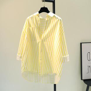 黄色棉麻衬衫女夏季新韩单口袋宽松休闲中长款衬衣开衫防晒衣