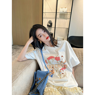 NancyCavally重工系列奢华质感JI致工艺 萬片钉珠手工机绣鸢尾T恤