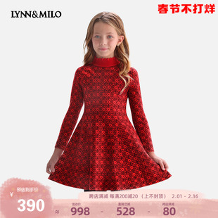 LYNNMILO女童针织连衣裙2024秋冬拜年服复古红色中式窗花图案裙子