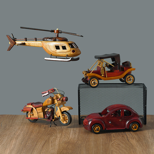 日式复古实木汽车直升机模型怀旧家居摆件装饰品工艺品儿童玩具