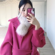 100%羊毛玫红色冬立领双面，呢大衣女长款过膝赫本风气质系带呢外套