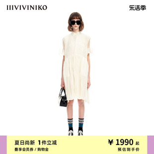iiiviviniko夏季欧根纱衬衫式，短袖压褶连衣裙女m320647177d