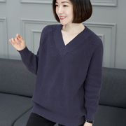 中长款全棉外穿秋衣大码宽松胖mm灰色V领纯棉针织衫秋季新款女