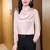 杭州重磅真丝衬衫女长袖2023春品牌红色木耳边立领桑蚕丝上衣