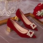 婚鞋女粗跟红色禾秀婚纱，两穿方扣高跟鞋孕妇，秀禾服中式结婚新娘鞋