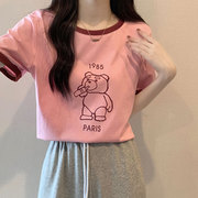 实价少女粉色短袖t恤女夏季设计感小众撞色拼接圆领上衣