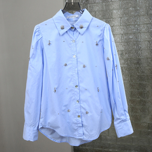 蓝色钉珠显瘦褶皱法式风，泡泡袖春季减龄百搭长袖女衬衫n649