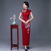婚礼高端刺绣酒红色中国风，长袖旗袍妈妈，喜婆婆婚宴礼服连衣裙