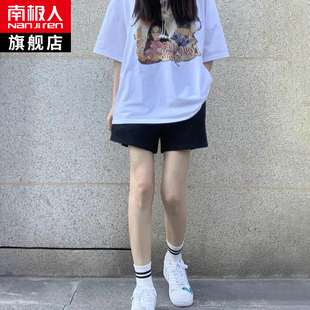 运动短裤女夏季薄款黑色高腰，5分小个子休闲阔腿宽松美式三分裤子