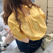 少女鹅黄色短袖露背衬衫上衣女夏季设计感小心机露背系带镂空衬衣