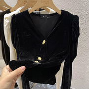 2023法式V领黑色丝绒上衣女设计感小众秋季高级感泡泡袖衬衫上衣