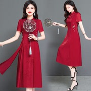 红色旗袍连衣裙2023年夏装短袖高端显瘦减龄宴会喜庆穿搭裙子