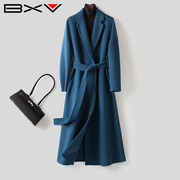 BXV蓝色双面羊绒大衣女中长款2023秋冬季气质系带双面呢外套