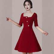小晚礼服女气质名媛晚宴会派对平时可穿红色短款法式赫本风连衣裙