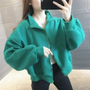 绿色连帽外套女2023年秋款韩版宽松短款纯色开衫显瘦开衫卫衣