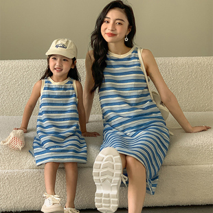 母女亲子装夏季2024条纹裙子高端韩版女童长裙洋气亲子连衣裙