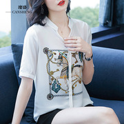 衬衫女雪纺气质有垂感卡通图案衬衣夏季韩版复古潮流大码薄款小衫
