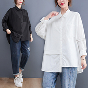 长袖衬衫女设计感2023年秋冬韩版大码不对称拼接显瘦宽松衬衣