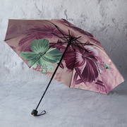 黑胶双层双面印花女式防紫外线太阳伞不透光拱形，三折叠晴雨伞