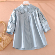 衬衫女原创设计韩版立领，七分灯笼袖刺绣花a版，宽松短款粉色上衣春
