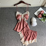 日本两件套睡衣女性感，冰丝绸纯色带胸垫，吊带短裤家居服夏季