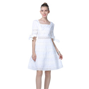 澳洲小众方领蕾丝连衣裙参加婚礼白色五分袖镂空纯棉高端法式茶歇