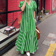 韩国chic夏季优雅气质V领宽松休闲条纹泡泡袖拼接鱼尾连衣裙长裙