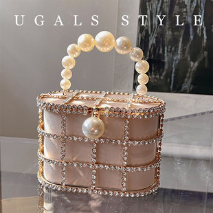 ugals法式金属菜篮子镶钻钻石包，晚宴镂空水钻珍珠，手机手拿斜挎包