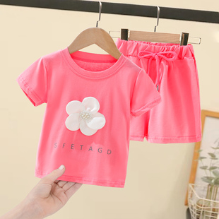 女宝宝运动短袖套装夏季女童，时髦两件套洋气，婴幼儿童花朵粉色夏装
