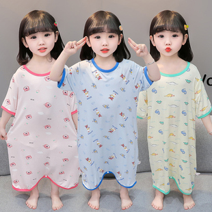 儿童睡衣女童夏季短袖莫代尔薄款女宝宝睡裙小孩连体衣家居空调服