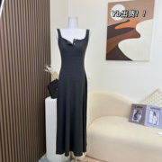 纯棉罗纹高品质黑色，吊带背心裙女2023春高级感连衣裙长裙