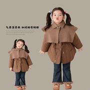 SASA的丸子妹女童棉服2023冬季棕色宝宝上衣加绒款儿童外套送披肩