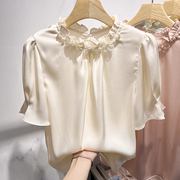 2024韩国气质显瘦纯色立领花朵钉珠套头短袖雪纺衫女夏季衬衫