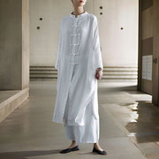 新中式女装中国风2024春立领复古盘扣亚麻，长款衬衫白色开衫裙